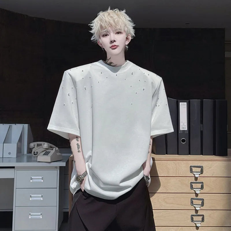 Men's Short Sleeve T-shirts Summer Solid Color Round Neck Handmade Nail Bead Design Pullover Loose Menwear 9W1506