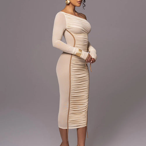 Load image into Gallery viewer, Diagonal Collar Long Sleeve Midi Dress For Women Two Layer Mesh Backless Ruched Bodycon Club Party Sexy Long Dress
