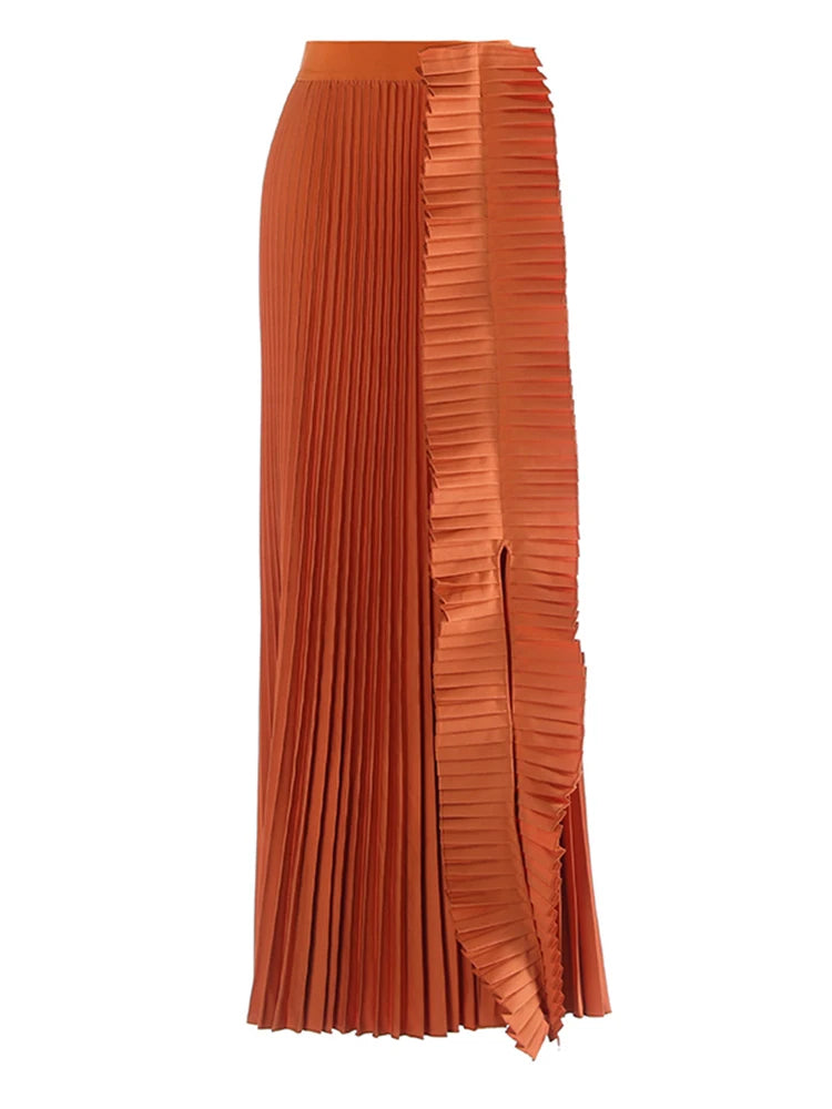 High Elastic Waist Pleated Camel Irregular Shaped Long Half-body Skirt Women Fashion Tide New Spring Autumn 2025 1DH9415