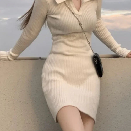 Load image into Gallery viewer, Vintage Knit Knitted Bodycon Sweater Dress Women Casual Polo Slim Skinny Wrap Mini Short Dresses Autumn Winter New In
