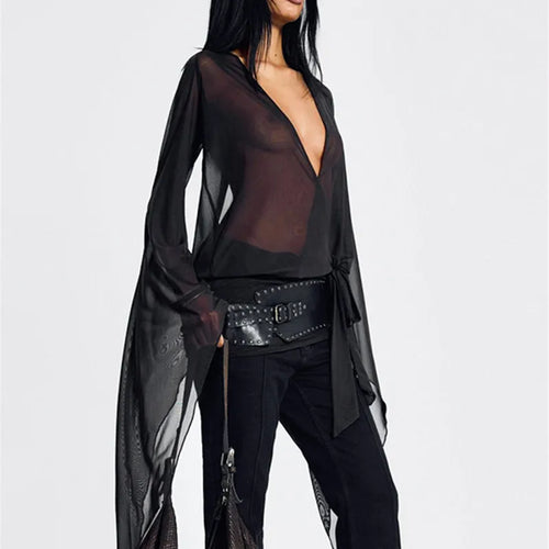 Load image into Gallery viewer, Mesh See Through Sexy Mini Dress For Women Black Sheer Mesh Deep V Neck Long Sleeve Backless Draped Ruched Dress
