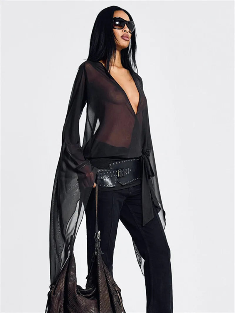 Mesh See Through Sexy Mini Dress For Women Black Sheer Mesh Deep V Neck Long Sleeve Backless Draped Ruched Dress