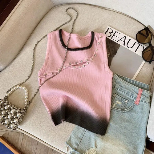 Load image into Gallery viewer, Korean Blue Pink Patchwork Hollow Out Slim Short Knitted Vest Summer Women Round Neck Sleeveless Holiday Pullover Tops 2025 Chic

