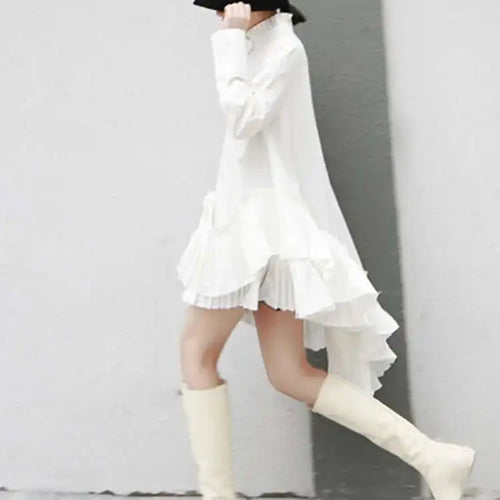 Load image into Gallery viewer, Women Black Pleated Irregular Casual Shirt Dress New Stand Collar Long Sleeve Loose Fit Fashion Spring Autumn 2025 1DF4825
