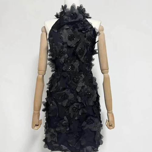 Load image into Gallery viewer, Solid Spliced 3D Flower Elegant Dresses for Women Halter Sleeveless Patchwork Sequins Fashion Mini Dress Female New
