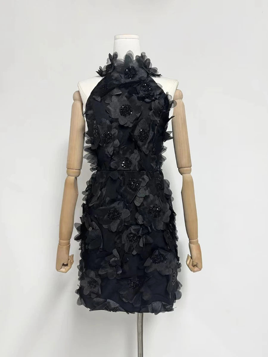 Solid Spliced 3D Flower Elegant Dresses for Women Halter Sleeveless Patchwork Sequins Fashion Mini Dress Female New