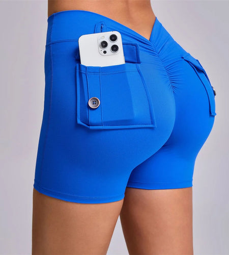 Deep V Back Yoga Shorts Women Pocket Scrunched Butt Gym Leggings High Waist Push Up Tights Sexy Booty Sports Shorts Fitness