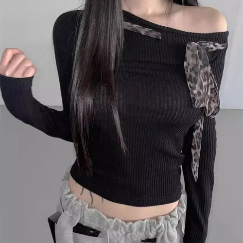 Load image into Gallery viewer, Sext T Shirts for Women Off Shoulder Bandage Bow Tees 2024 Ropa Mujer Long Sleeve Tunic Camisers Y2k Tops Irregular Chic T-shirt
