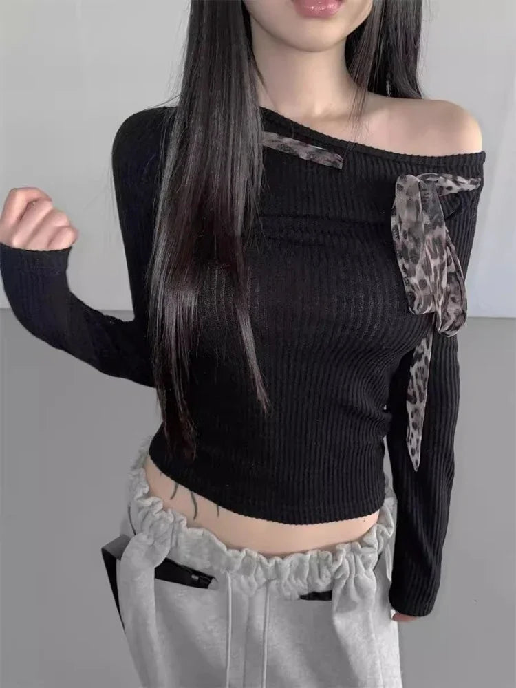 Sext T Shirts for Women Off Shoulder Bandage Bow Tees 2024 Ropa Mujer Long Sleeve Tunic Camisers Y2k Tops Irregular Chic T-shirt