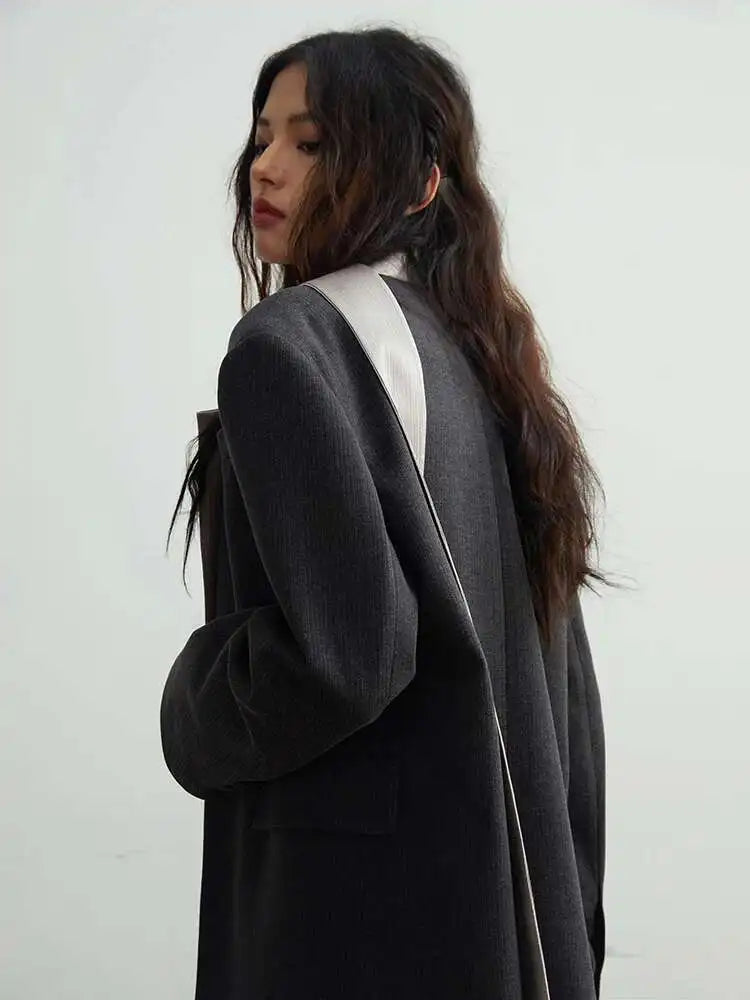 Women Black Irregular Big Size Blazer New Lapel Scarf Long Sleeve Fit Jacket Fashion Tide Spring Autumn 2025 1DH2113