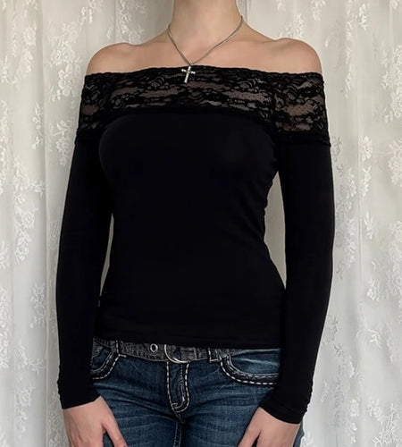 Vintage Fashion Black Skinny Autumn T-shirts for Women Lace Trim Basic Top Y2K Gothic Grunge Clothes Tee Shirts Knit