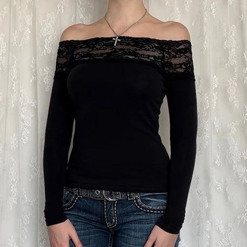 Load image into Gallery viewer, Vintage Fashion Black Skinny Autumn T-shirts for Women Lace Trim Basic Top Y2K Gothic Grunge Clothes Tee Shirts Knit
