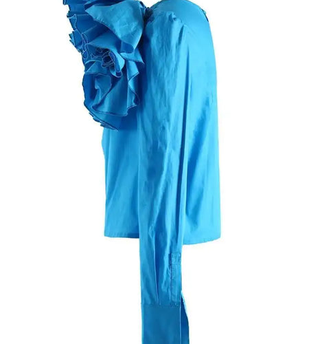 Women Blue Three-dimensional Flower Elegant Blouse New Skew Collar Long Sleeve Shirt Fashion Spring Autumn 2025 YX0390