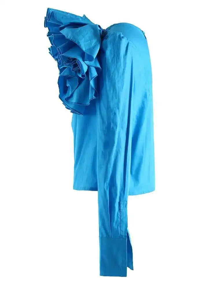 Women Blue Three-dimensional Flower Elegant Blouse New Skew Collar Long Sleeve Shirt Fashion Spring Autumn 2025 YX0390