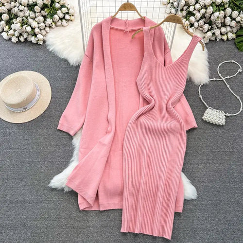 Load image into Gallery viewer, Autumn Thick Warm Solid Knitted Suit 2023 Stripe V Neck Vest Dress+ Loose Long Cardigans Sweater Home Wear Casual Two Pieces Set
