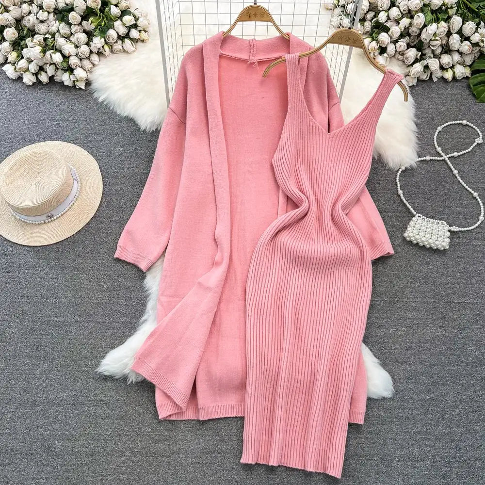 Autumn Thick Warm Solid Knitted Suit 2023 Stripe V Neck Vest Dress+ Loose Long Cardigans Sweater Home Wear Casual Two Pieces Set