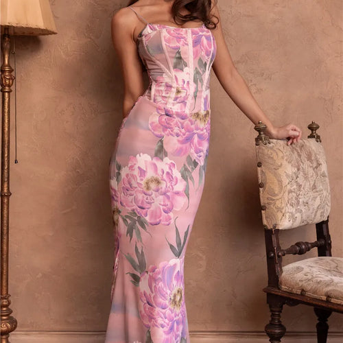 Load image into Gallery viewer, Pink Floral Sexy Maxi Dress Women Gown Spaghetti Strap Sleeveless Backless Elegant Evening Club Party Long Dress
