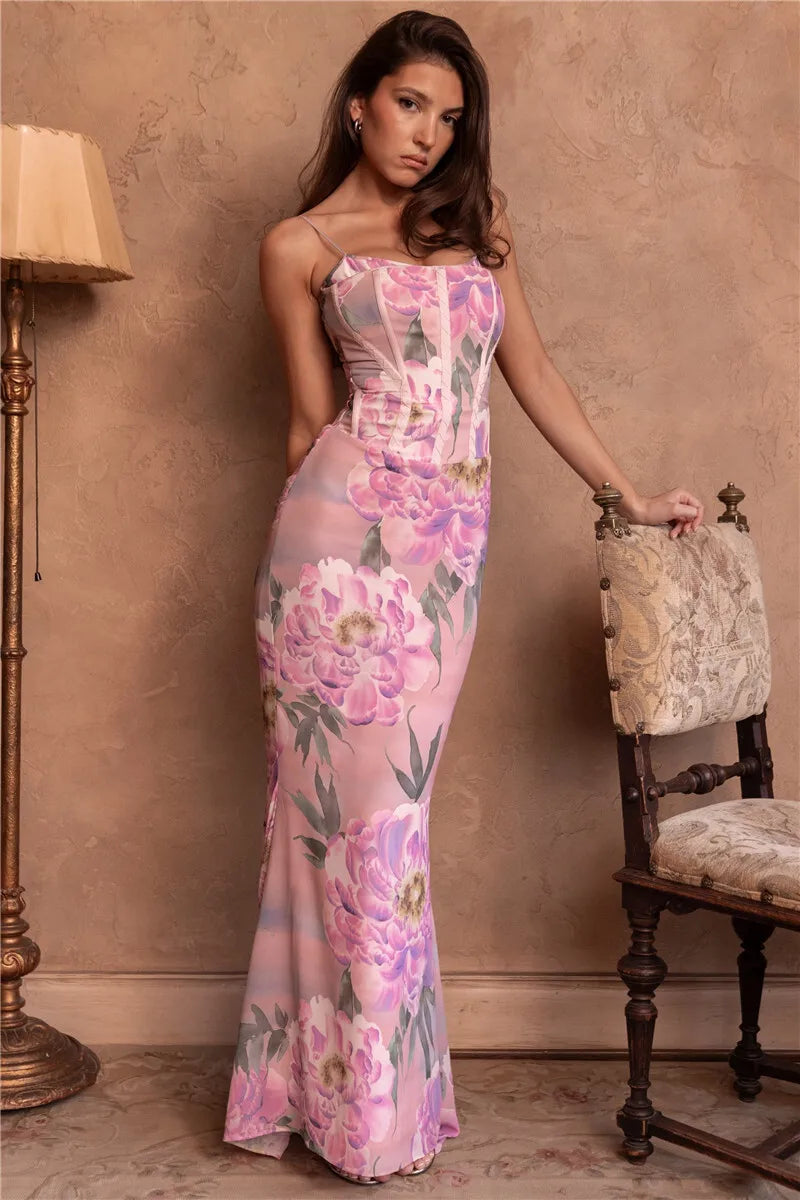 Pink Floral Sexy Maxi Dress Women Gown Spaghetti Strap Sleeveless Backless Elegant Evening Club Party Long Dress