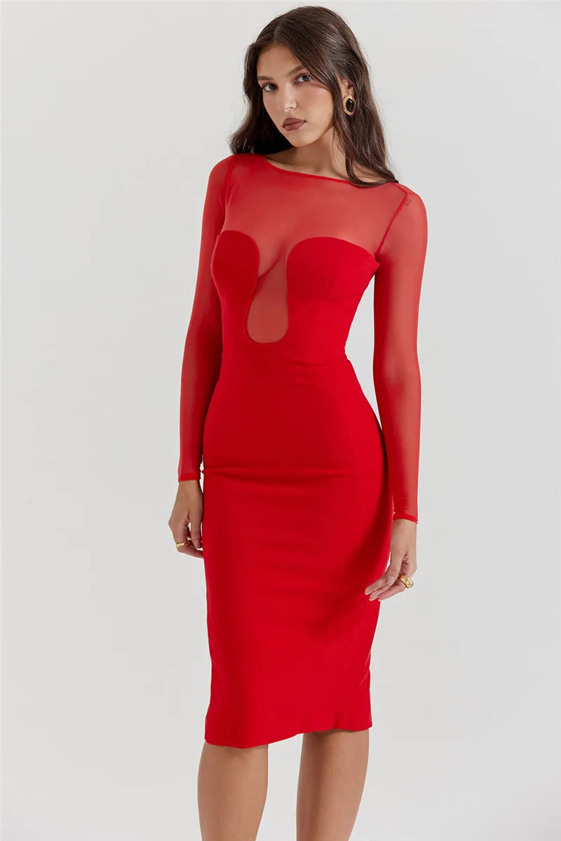 Elegant Strapless Sexy Midi Dress For Women Fashion Sheer Long Sleeve Backless Split Bodycon Club Party Sexy Long Dress