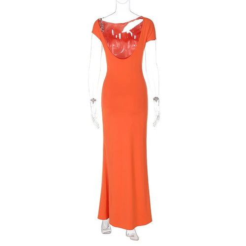 Load image into Gallery viewer, Hollow Out Backless Sexy Maxi Dress For Women Fashion Metal Buckle Solid Short Sleeve High Waist Slim Fit Long Dress
