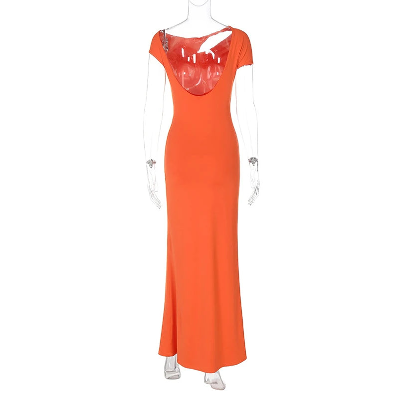 Hollow Out Backless Sexy Maxi Dress For Women Fashion Metal Buckle Solid Short Sleeve High Waist Slim Fit Long Dress