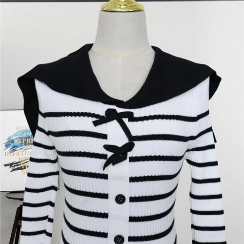 Load image into Gallery viewer, Autumn Winter Vintage Black White Striped Elegant Long Sleeve Dress Women French Single Breasted Office Bow Split Knitted Dress
