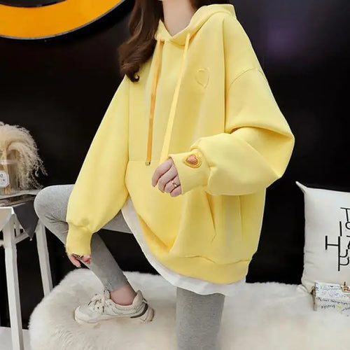 Load image into Gallery viewer, Heart Embroidery Hooded Pockets Sweatshirt Women Long Sleeve Tops Korean Office Loose Autumn Oversize Pullover Hoodie Ladies
