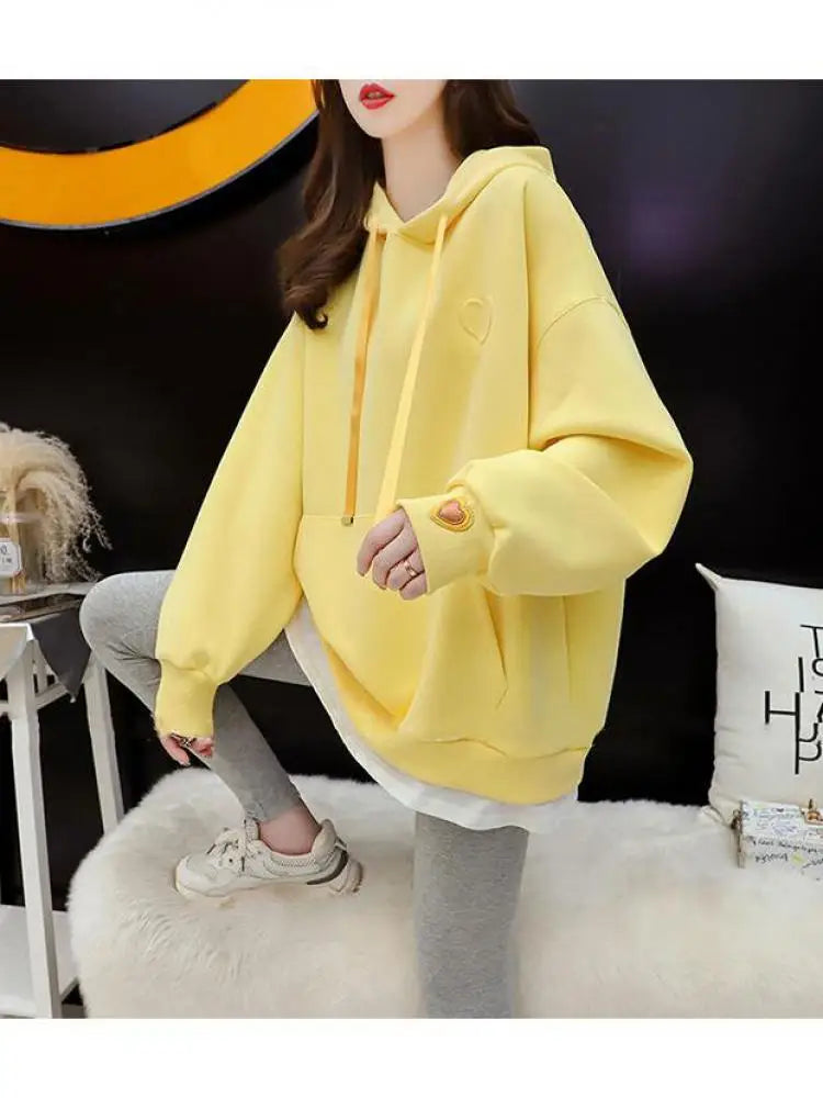 Heart Embroidery Hooded Pockets Sweatshirt Women Long Sleeve Tops Korean Office Loose Autumn Oversize Pullover Hoodie Ladies