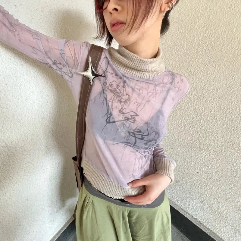 Japanese Y2k Mesh Knitted Tops Vintage Tattoo Print See Through T-shirt Grunge Aesthetics Turtleneck Sheer Tops Harajuku