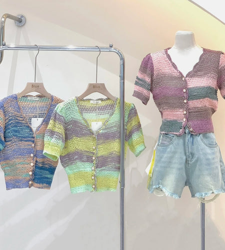 T Shirt Women Rainbow Striped Top Slim Fit t shirt Harajuku Tshirt Summer Short Sleeve Korean T-shirt feminina Clothes B-077