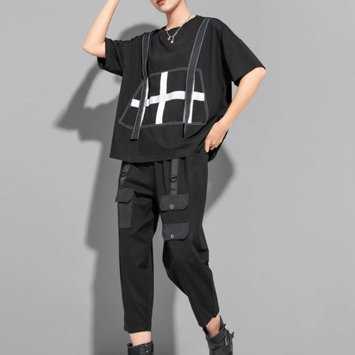 Load image into Gallery viewer, Women Black Color-block Ribbons Big Size T-shirt New Round Neck Short Sleeve Fashion Tide Spring Summer 2025 1DJ1808
