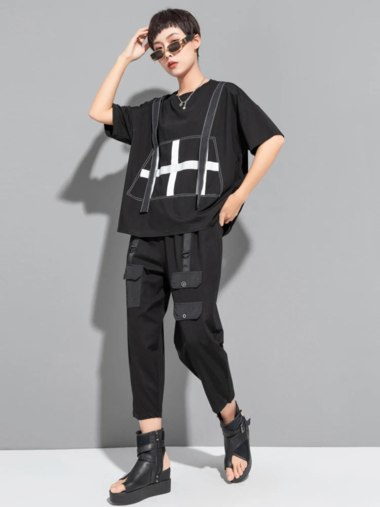Women Black Color-block Ribbons Big Size T-shirt New Round Neck Short Sleeve Fashion Tide Spring Summer 2025 1DJ1808