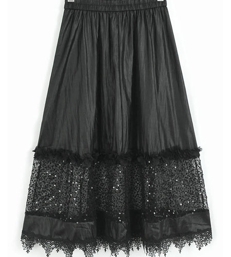 High Elastic Waist Black Button Ruffles Lace Sequins Half-body Skirt Women Fashion Tide New Spring Autumn 2025 1DJ1578