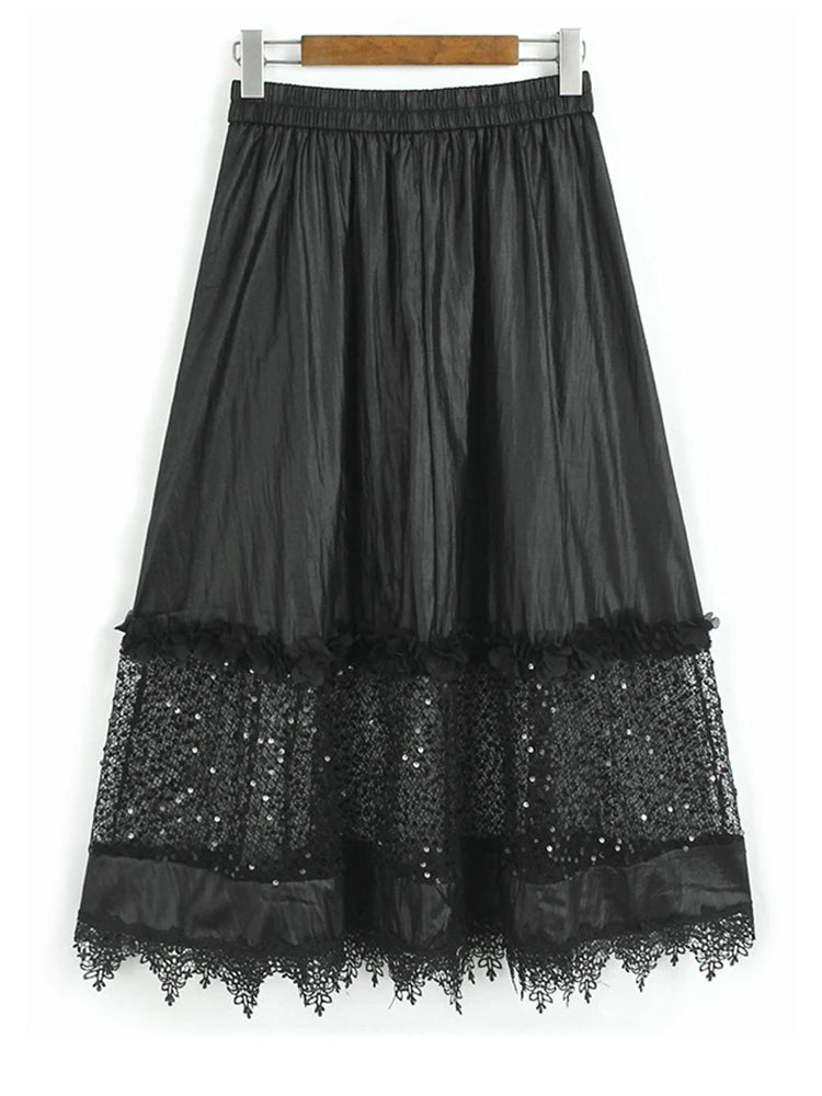 High Elastic Waist Black Button Ruffles Lace Sequins Half-body Skirt Women Fashion Tide New Spring Autumn 2025 1DJ1578