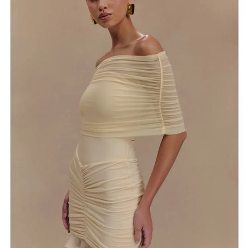 Load image into Gallery viewer, Elegant Off Shoulder Mesh Patchwork Elastic Tight Skirt Women Sexy Sleeveless Ruffle Mini Dress Female Party Dress 2025
