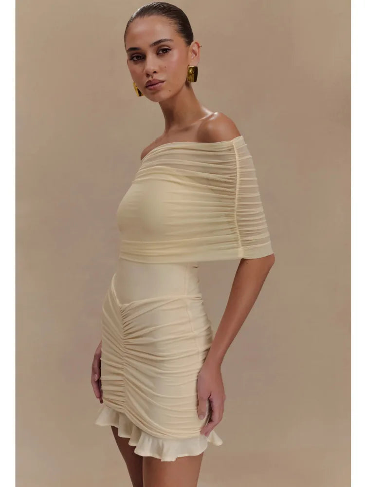 Elegant Off Shoulder Mesh Patchwork Elastic Tight Skirt Women Sexy Sleeveless Ruffle Mini Dress Female Party Dress 2025