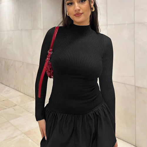 Load image into Gallery viewer, Ribbed Solid Long Sleeve Backless Sexy Elegant Bodycon Mini Pleated Dress Fall Winter Women Cute Outfits Birthday Party
