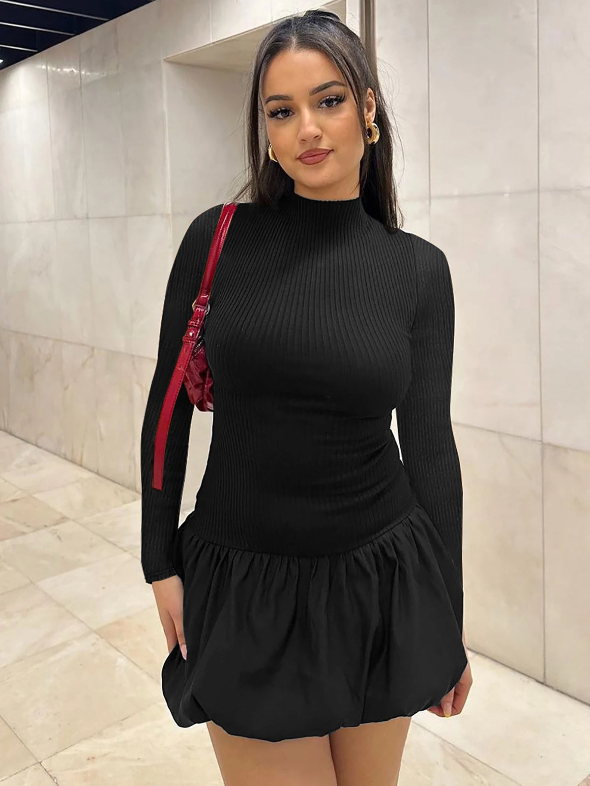 Ribbed Solid Long Sleeve Backless Sexy Elegant Bodycon Mini Pleated Dress Fall Winter Women Cute Outfits Birthday Party