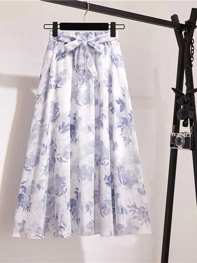 Long Skirt Women For 2024 Spring Summer Lady Korean Style White Black Chiffon Sun School High Waist Midi Skirt Female