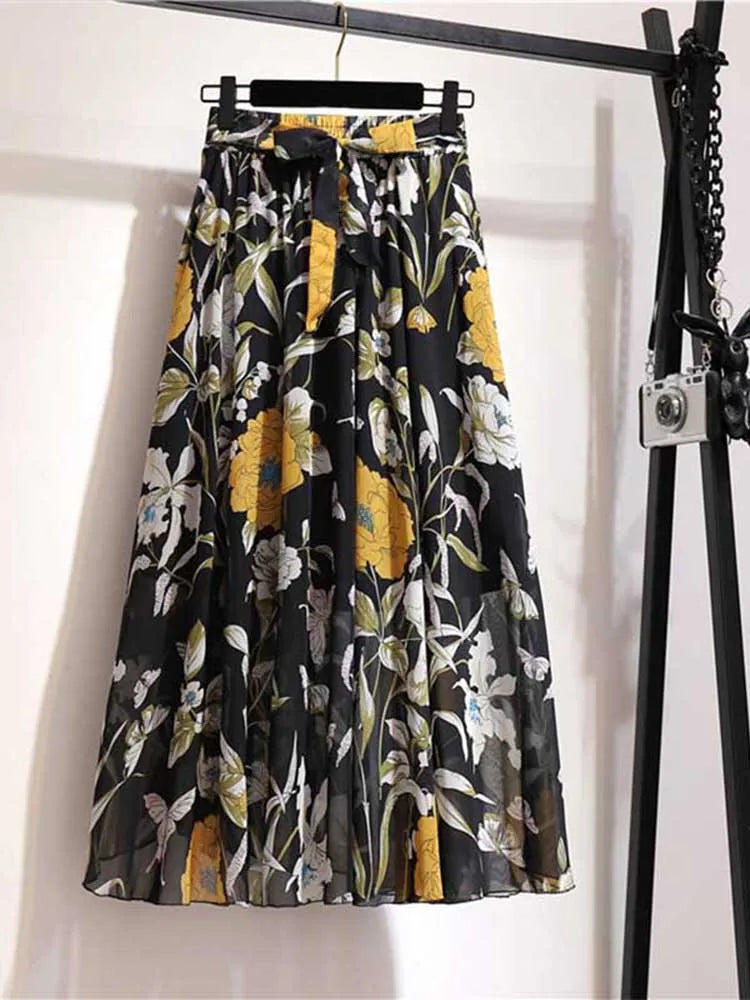 Long Skirt Women For 2024 Spring Summer Lady Korean Style White Black Chiffon Sun School High Waist Midi Skirt Female