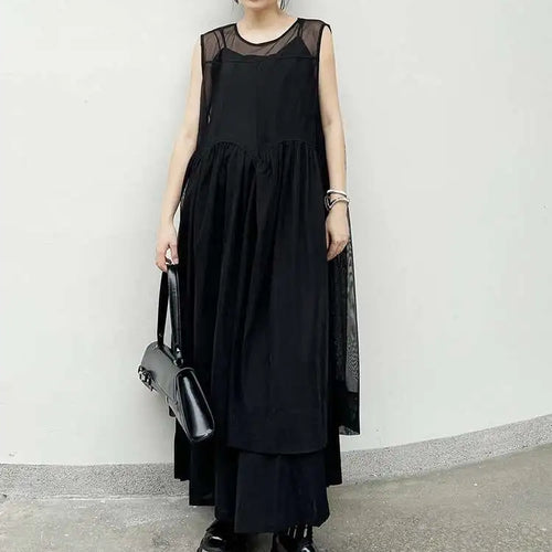 Load image into Gallery viewer, Women Black Mesh Perspective Pleated Big Size Elegant Dress New Round Neck Sleeveless Fashion Spring Summer 2025  1DH5841
