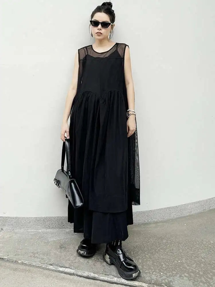 Women Black Mesh Perspective Pleated Big Size Elegant Dress New Round Neck Sleeveless Fashion Spring Summer 2025  1DH5841