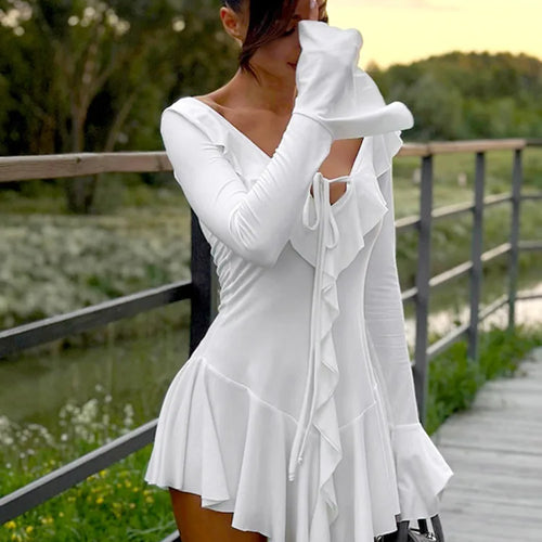 Load image into Gallery viewer, Sexy Deep V Ruffled Bodycon Short Skirt For Women 2024 Fall Ruffled Flared Sleeves Party Evening Dress Street Clothing
