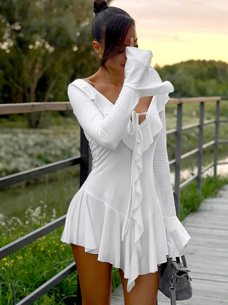 Sexy Deep V Ruffled Bodycon Short Skirt For Women 2024 Fall Ruffled Flared Sleeves Party Evening Dress Street Clothing