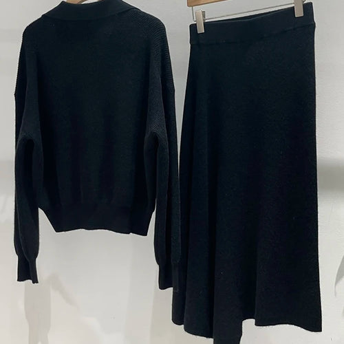 Load image into Gallery viewer, Casual Knitting Two Piece Sets For Women Lapel Long Sleeve Tops High Waist A Line Skirts Minimalist Slimming Set Female New
