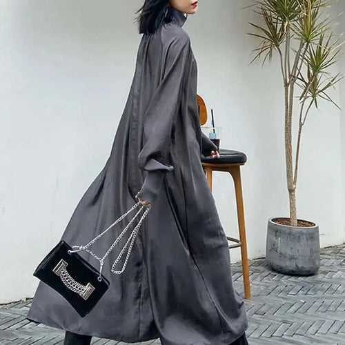 Load image into Gallery viewer, Women Gray Brief Long Big Size Elegant Dress New Turtleneck Long Sleeve Loose Fit Fashion Tide Spring Autumn 2025 1DH0252
