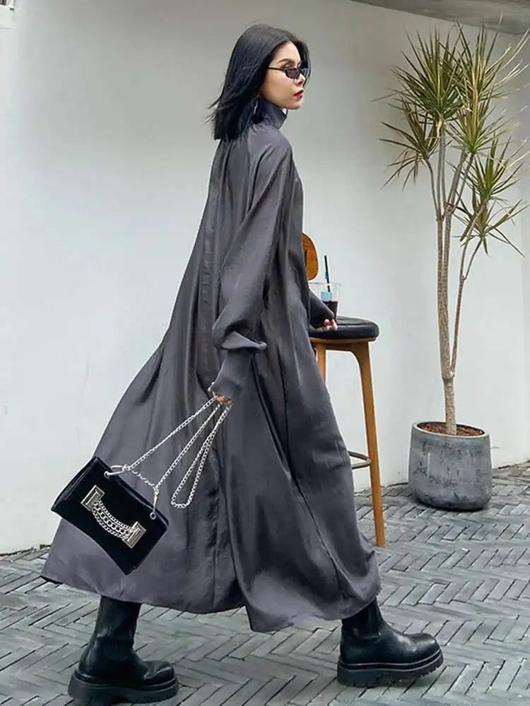 Women Gray Brief Long Big Size Elegant Dress New Turtleneck Long Sleeve Loose Fit Fashion Tide Spring Autumn 2025 1DH0252