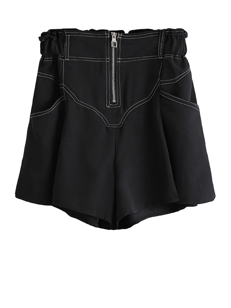 Women Black Topstitched Zipper Pocket Wide Leg Shorts New High Waist Trousers Fashion Tide Spring Summer 2025 1DJ1054