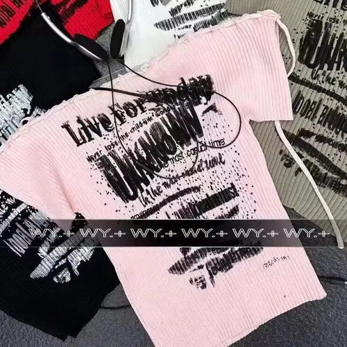 Load image into Gallery viewer, Black Letters Print Short Sleeved Knit T-shirt For Women's 2024 Summer New Red Slim Off Shoulder Lace-up Tops Trend Streetwear
