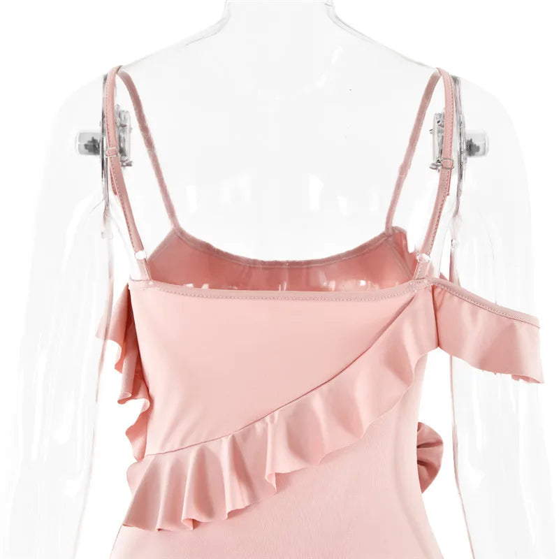 Elegant Ruffle Sexy Maxi Dress Women Spaghetti Strap Flower Sleeveless Backless High Split Club Party Evening Dress